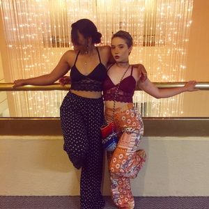 orange floral print high waisted pants